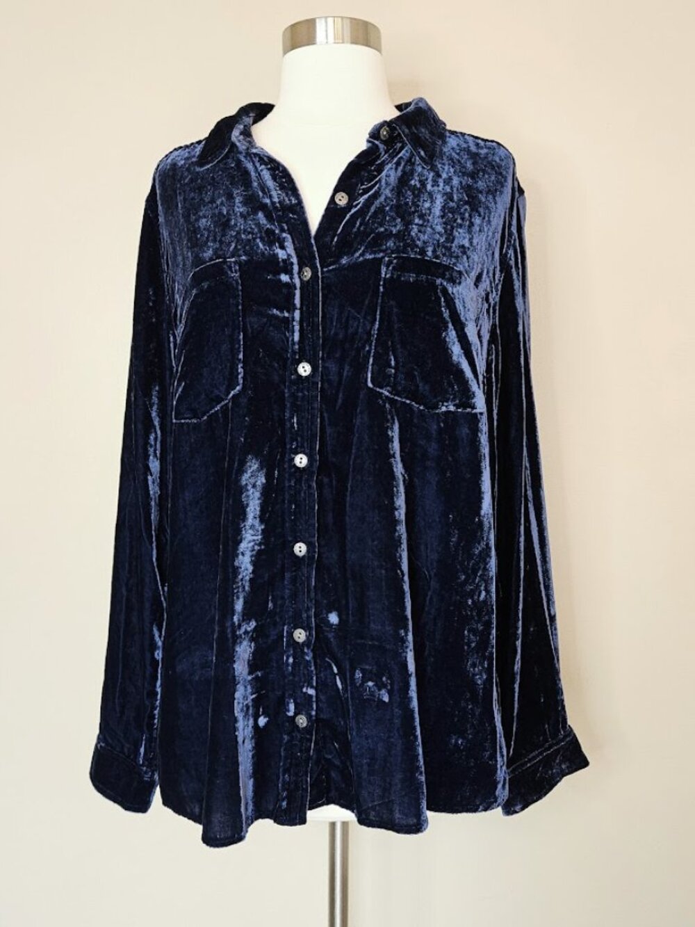Sonoma Navy Blue Crushed Velvet Shirt Bottom Down Indie Sleaze Luxe Top Large